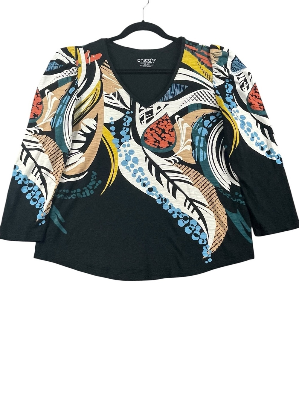 Chicos Puff Sleeve Elevated Polished Bold Colorful Abstract Floral Pop Art Top L